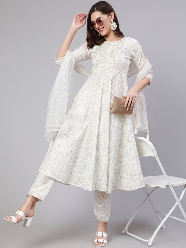 Women White Embroidered Flared Kurta With Trouser And Dupatta