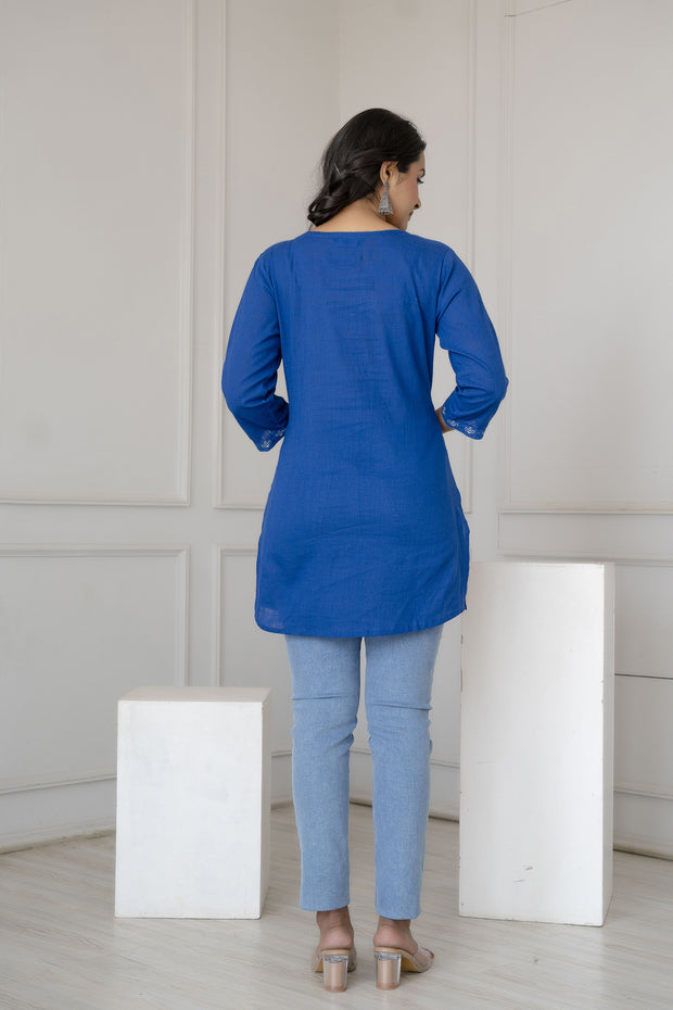 Women Blue Embroidered Straight Tunic