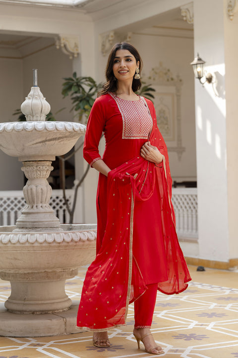 Women Red Embroidered Straight Kurta With Palazzo And Net Dupatta