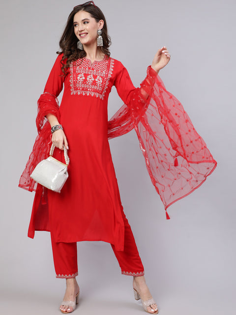 Women Red Embroidered Straight Kurta With Trouser And Net Dupatta