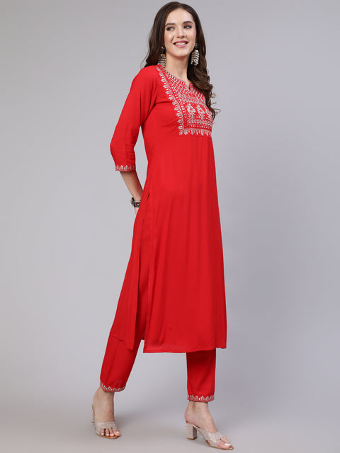 Women Red Embroidered Straight Kurta With Trouser And Net Dupatta