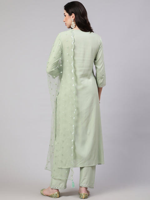 Women Green Embroidered Straight Kurta With Palazzo And Dupatta