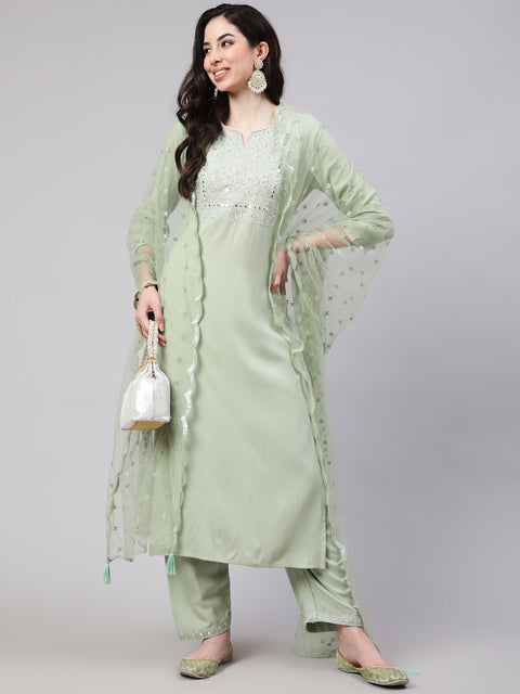 Women Green Embroidered Straight Kurta With Palazzo And Dupatta