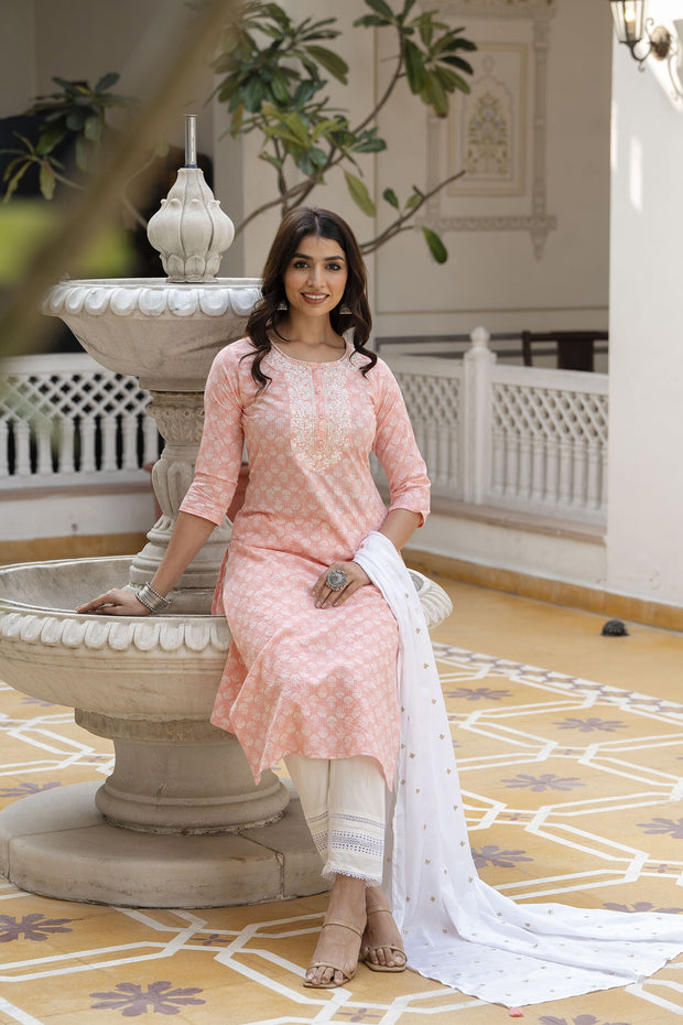 Women Pink Embroidered Straight Kurta With Trouser And Dupatta