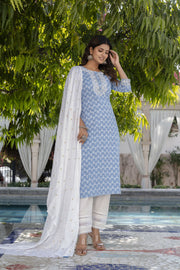 Women Blue Embroidered Straight Kurta With Trouser And Dupatta