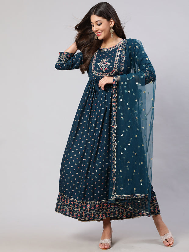 Women Teal Floral Printed Flared Dress With Scalloped Dupatta