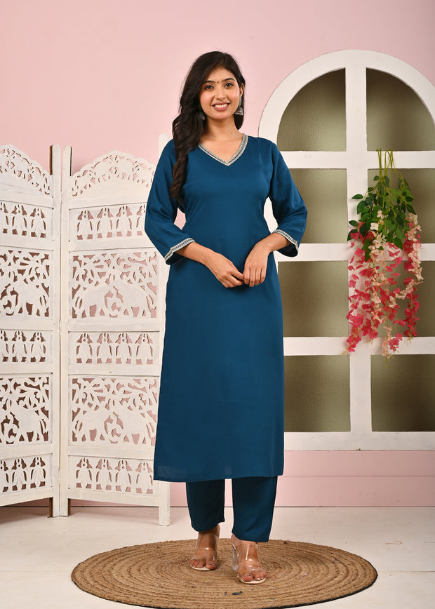 Teal Blue Solid Straight Kurta Set With Organza Dupatta for Women