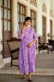 Women Levender Printed Flared Maternity Dress