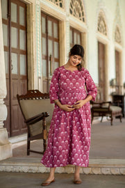 Women Pink Floral Printed Flared Maternity Dress