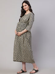 Women Beige Printed Flared Maternity Dress