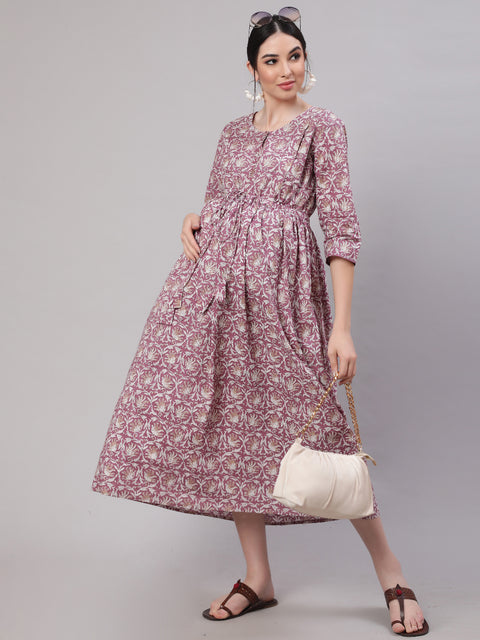 Women Levender Printed Flared Maternity Dress