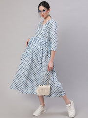 Women Off White & Blue Floral Printed Maternity Dress With Three Quarter Sleeves