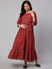 Women Maroon Printed Flared Maternity Dress