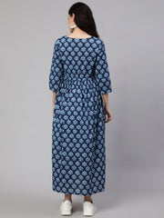 Women Blue Floral Printed Flared Maternity Dress