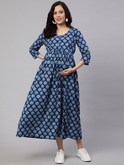 Women Blue Floral Printed Flared Maternity Dress