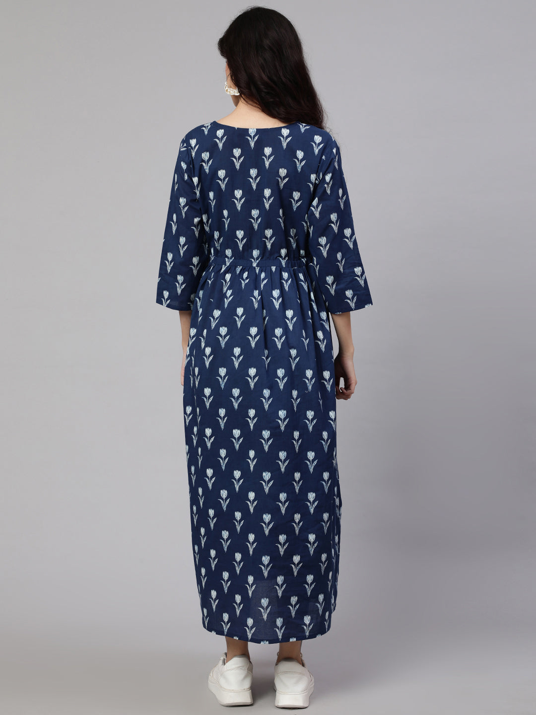 Women Blue Floral Printed Flared Maternity Dress Nayo Clothing