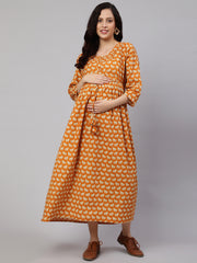 Women Yellow Ethnic Printed Flared Maternity Dress