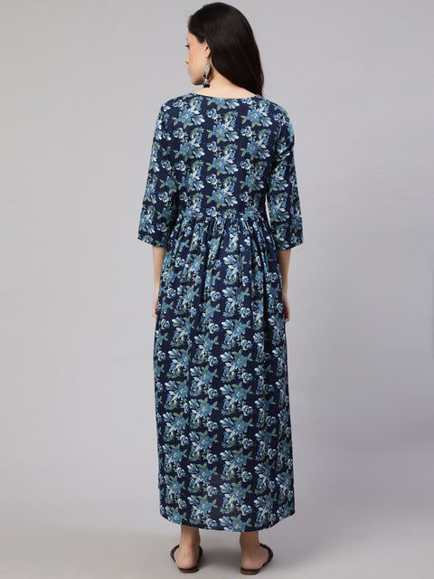 Women Blue Printed Flared Maternity Dress