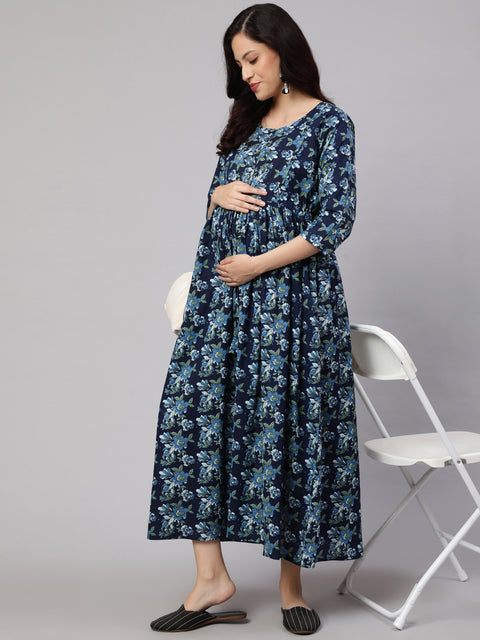 Women Blue Printed Flared Maternity Dress