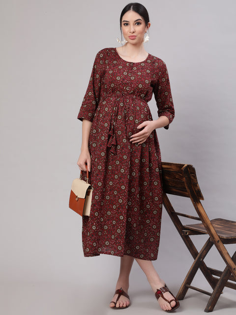 Women Maroon Printed Flared Maternity Dress