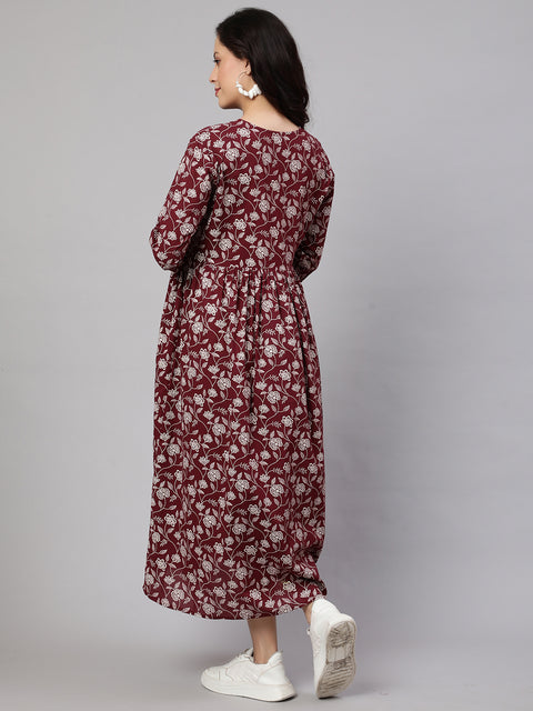 Women Burgundy Printed Flared Maternity Dress