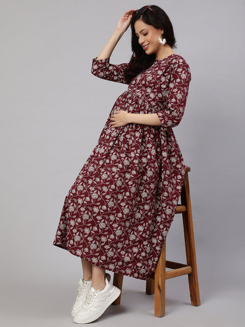 Women Burgundy Printed Flared Maternity Dress