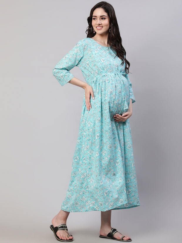 Women Blue Floral Printed Flared Maternity Dress with Dupatta