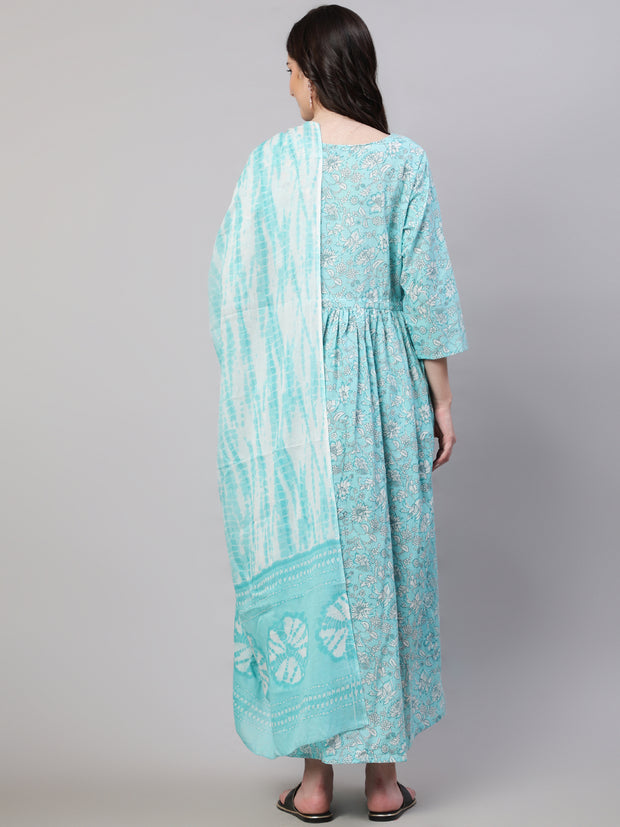 Women Blue Floral Printed Flared Maternity Dress with Dupatta
