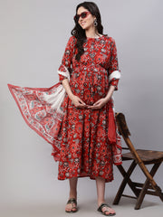Women Maroon Printed Flared Maternity Dress With Dupatta
