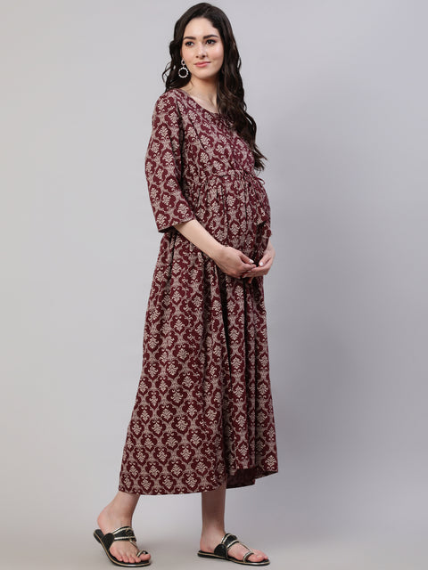 Women Burgundy Printed Flared Maternity Dress Dupatta