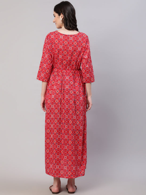 Women Red Printed Flared Maternity Dress