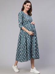 Women Blue Printed Flared Maternity Dress With Dupatta