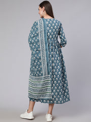 Women Blue Printed Flared Maternity Dress With Dupatta