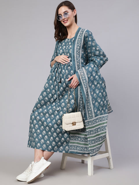 Women Blue Printed Flared Maternity Dress With Dupatta