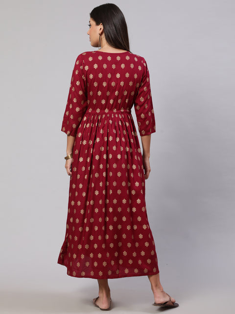 Women Burgundy Printed Flared Maternity Dress