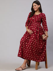 Women Burgundy Printed Flared Maternity Dress