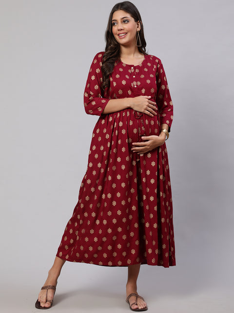 Women Burgundy Printed Flared Maternity Dress