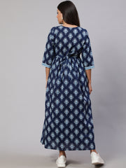 Women Navy Blue Printed Flared Maternity Dress