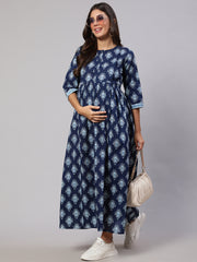 Women Navy Blue Printed Flared Maternity Dress