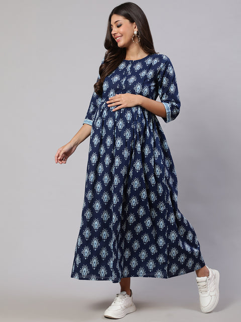 Women Navy Blue Printed Flared Maternity Dress