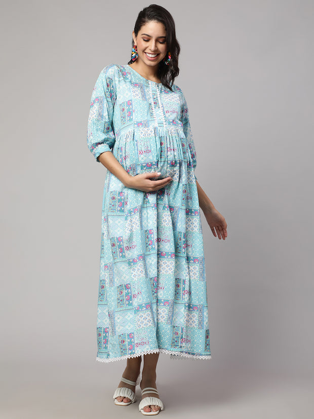 Women Sky Blue Printed Flared Maternity Dress