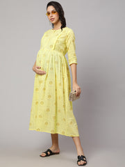 Women Lemon Yellow Printed Maternity Dress