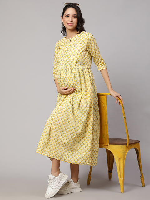 Women Cream Printed Maternity Dress