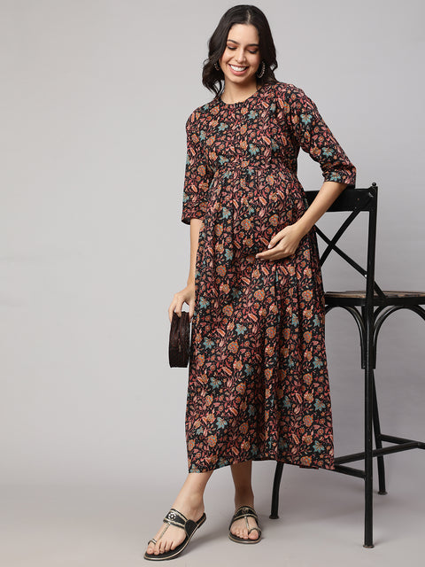 Women Black Printed Flared Maternity Dress