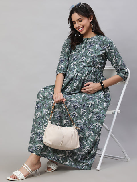 Women Green Printed Flared Maternity Dress