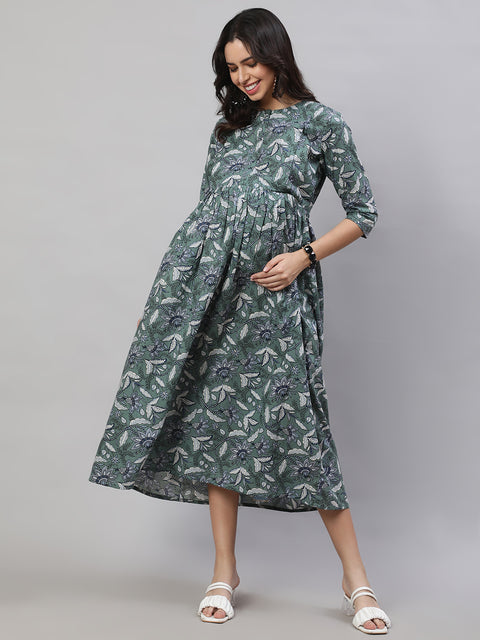 Women Green Printed Flared Maternity Dress