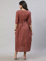Women Rust Printed Flared Maternity Dress