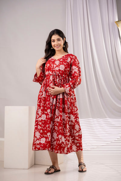 Women Red Printed Flared Maternity Dress