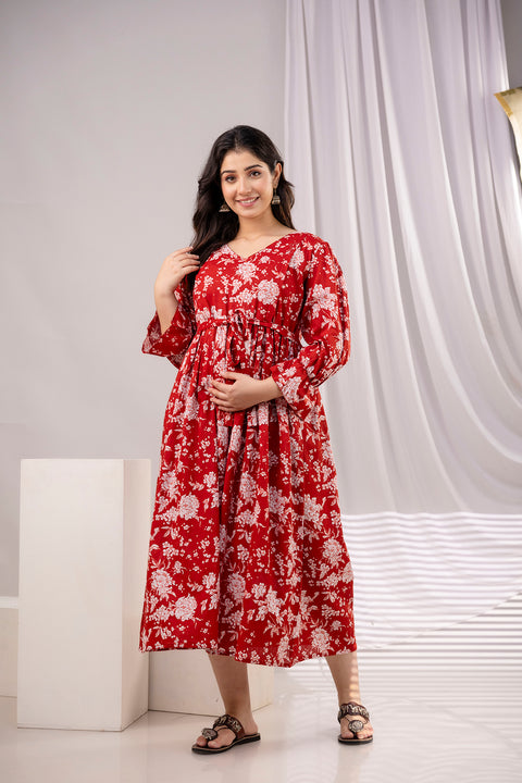 Women Red Printed Flared Maternity Dress