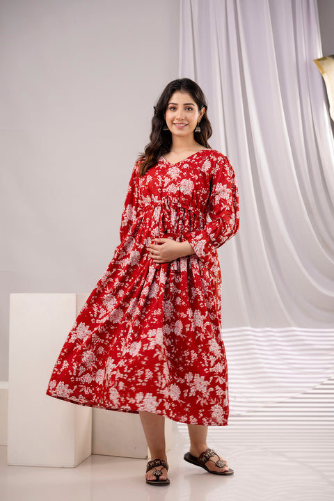 Women Red Printed Flared Maternity Dress